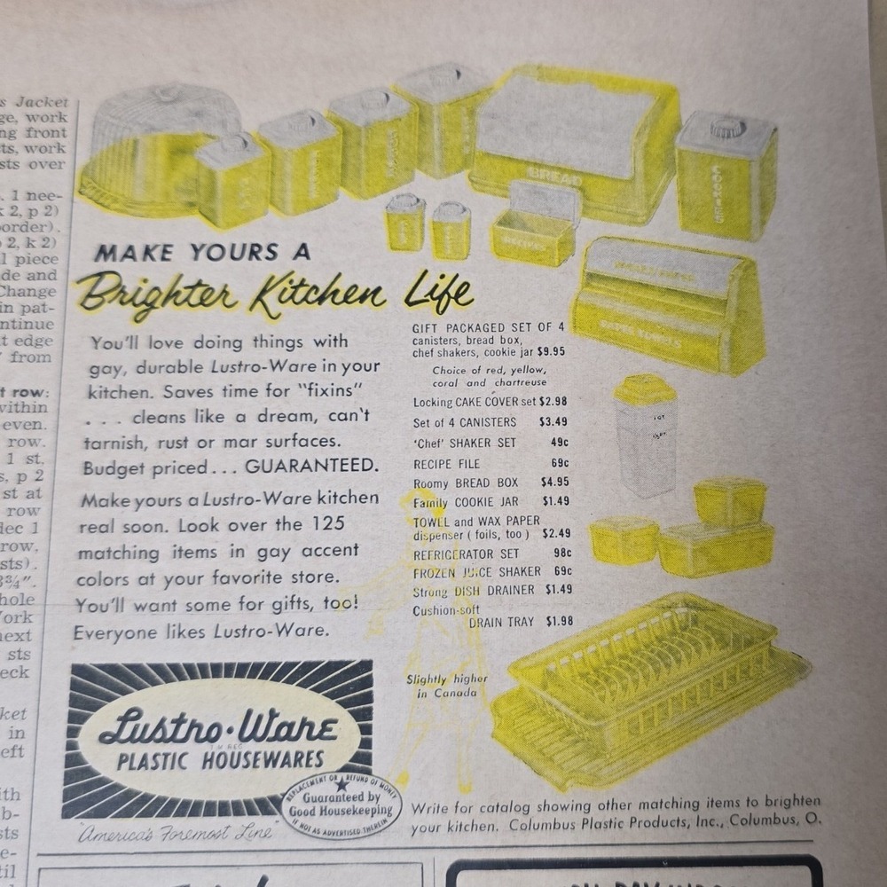 Vintage 1954 Lustro-Ware Plastic Housewares Print Ad Yellow Kitchen MCM Decor
